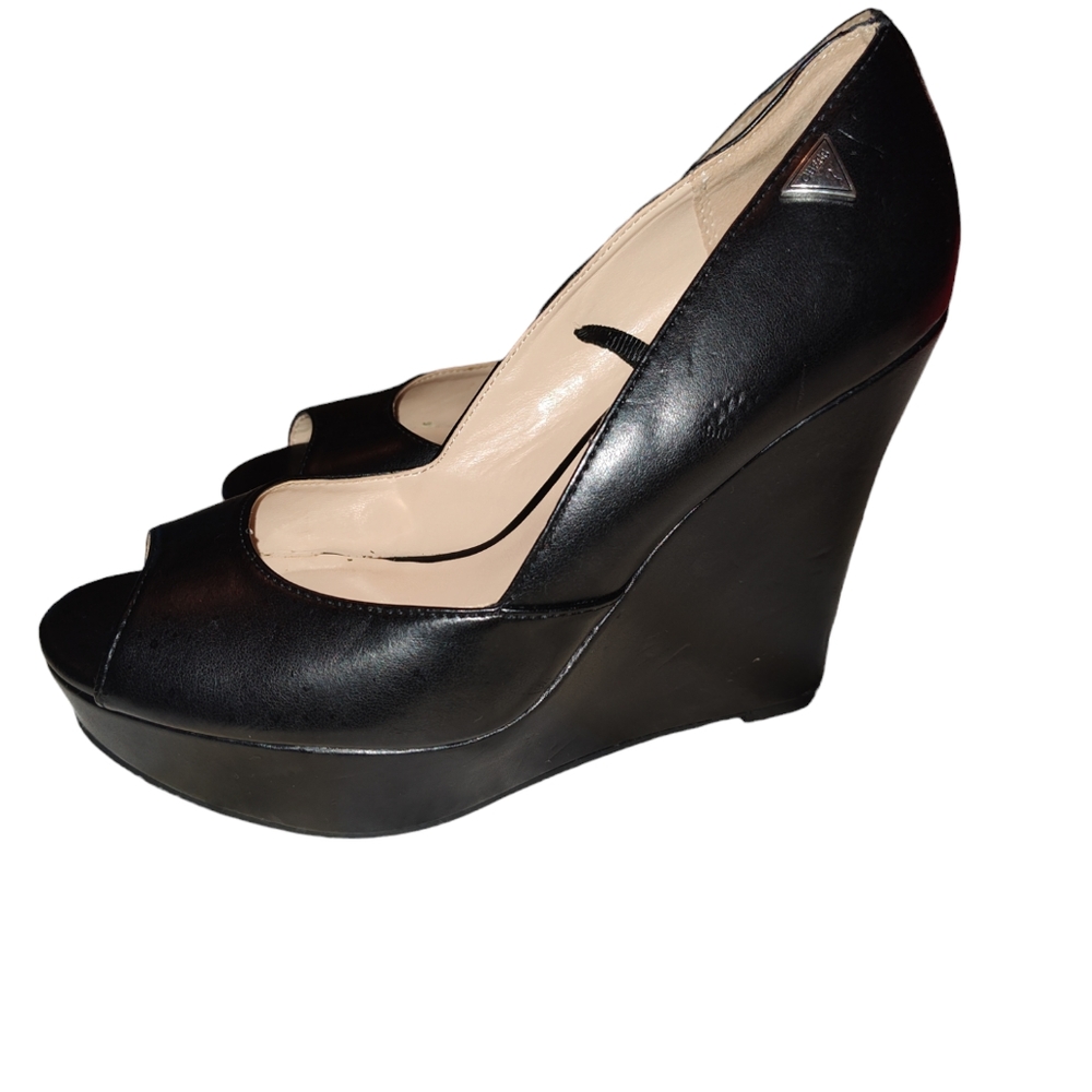 Guess Women's Black Peep Toe Wedge High Heel Shoes Size 8